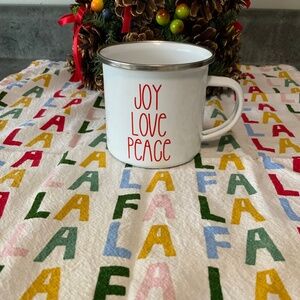 White Enamel Christmas/Winter Mug, Red Lettering Joy Love Peace, New